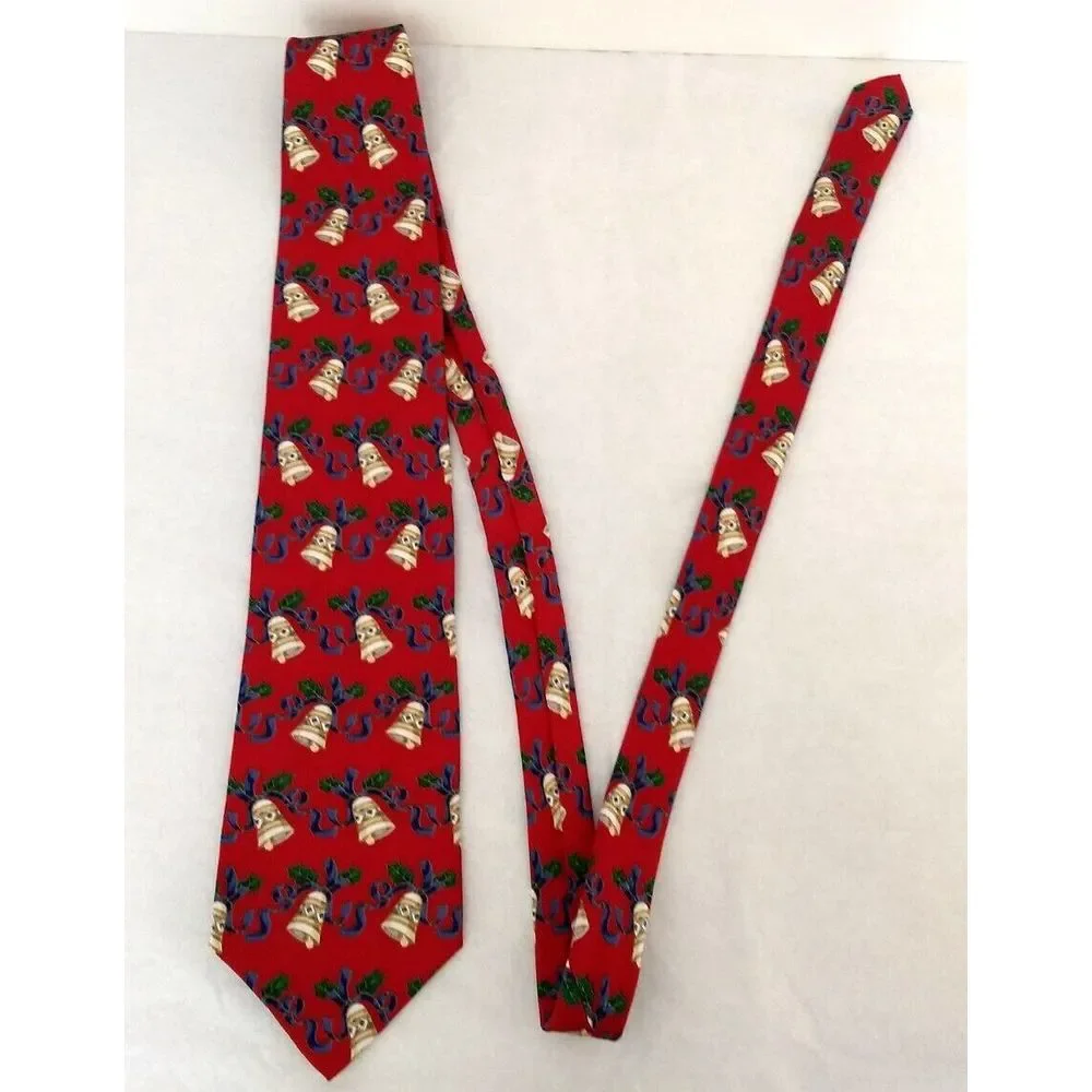 CLAYBROOKE 100% Silk‎ Red Neck Tie Christmas Collection Handmade Bells & Ribbon
